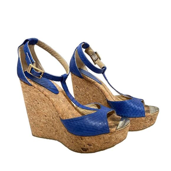 Jimmy Choo Women's Pela Blue Python‎ Leather Cork Wedge Sandals size 38